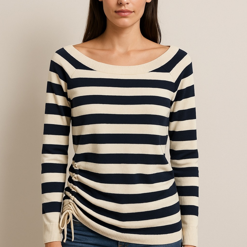 Theory Navy and Cream Striped Long Sleeve Top